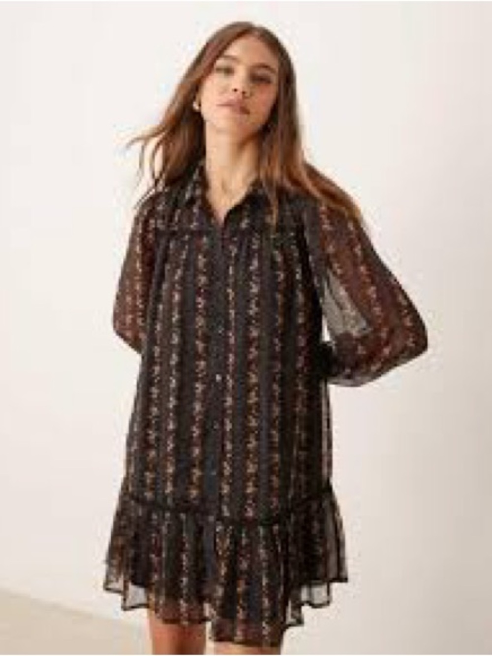 Miss Selfridge Black Floral Midi Dress with Peach Accents